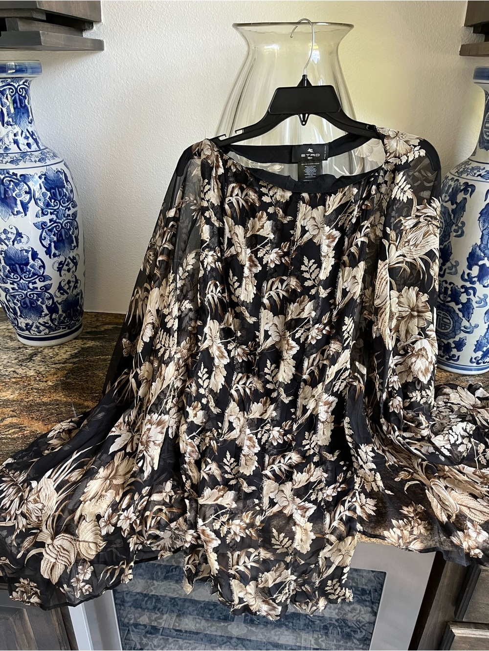 Etro Black Floral Chiffon Blouse with Cream Print